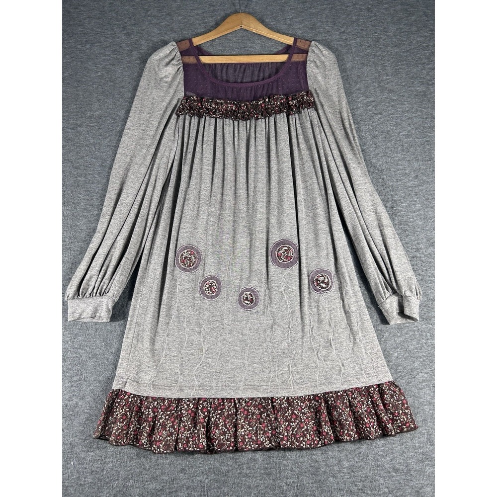 Lucca Women's Gray Dress Micro Floral Hem Sheer Details Long Sleeve Size M Boho